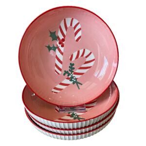 Christmas Candy Cane Dinner Bowl Set of 4 Ceramic Pink Red PrimaDesign Holiday